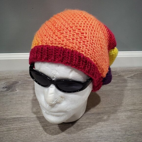 Handmade Colorful Ombre Slouchy Knit Beanie Hat  Rainbow Outdoors Yellow Red - Picture 3 of 13